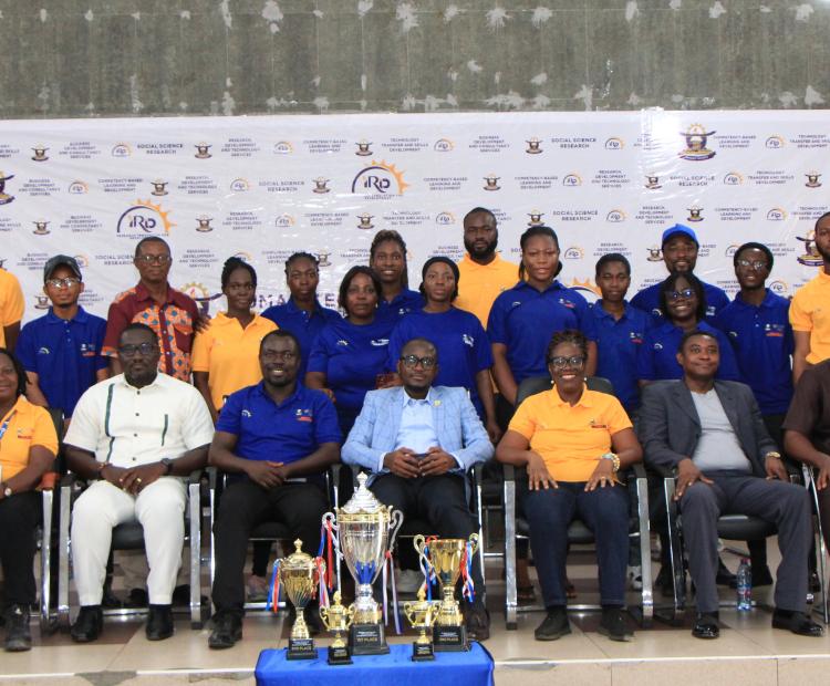 A group photograph featuring Prof. Smart Sarpong (seated, center), Director of the Institute of Research, Innovation and Development (IRID); Prof. Abena Obiri-Yeboah (seated, second from right), Pro Vice-Chancellor of Kumasi Technical University; and members of the IRID project team