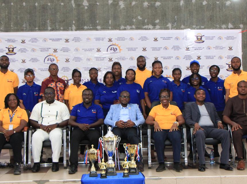A group photograph featuring Prof. Smart Sarpong (seated, center), Director of the Institute of Research, Innovation and Development (IRID); Prof. Abena Obiri-Yeboah (seated, second from right), Pro Vice-Chancellor of Kumasi Technical University; and members of the IRID project team