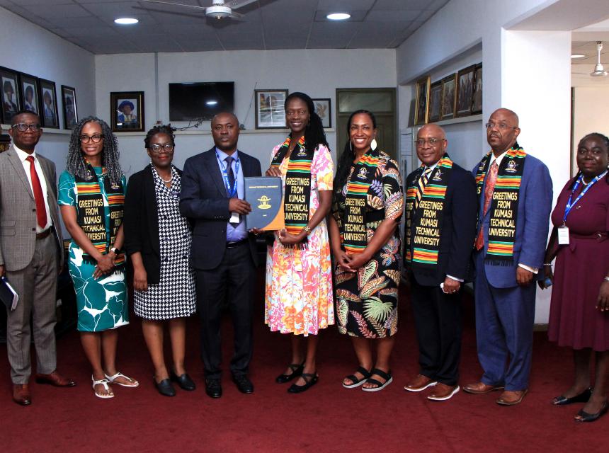 The Vice-Chancellor of Kumasi Technical University, Prof. Gabriel Dwomoh (second from left), together with the University Registrar (first from left), officially signs the Memorandum of Understanding (MoU) on behalf of KsTU during a formal engagement with the delegation from Johnson C. Smith University