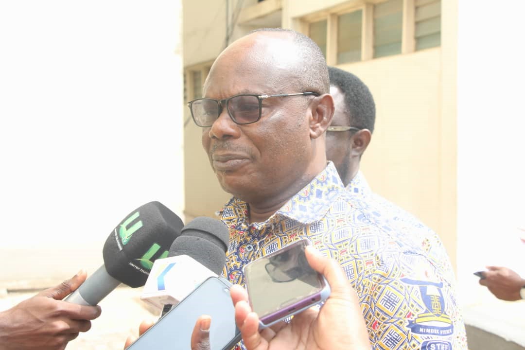 Picture: Vice-Chancellor (Ing. Prof. Osei-Wusu Achaw) interacting with the media during the launching of Kumasi Technical University’s Hand Sanitizer.